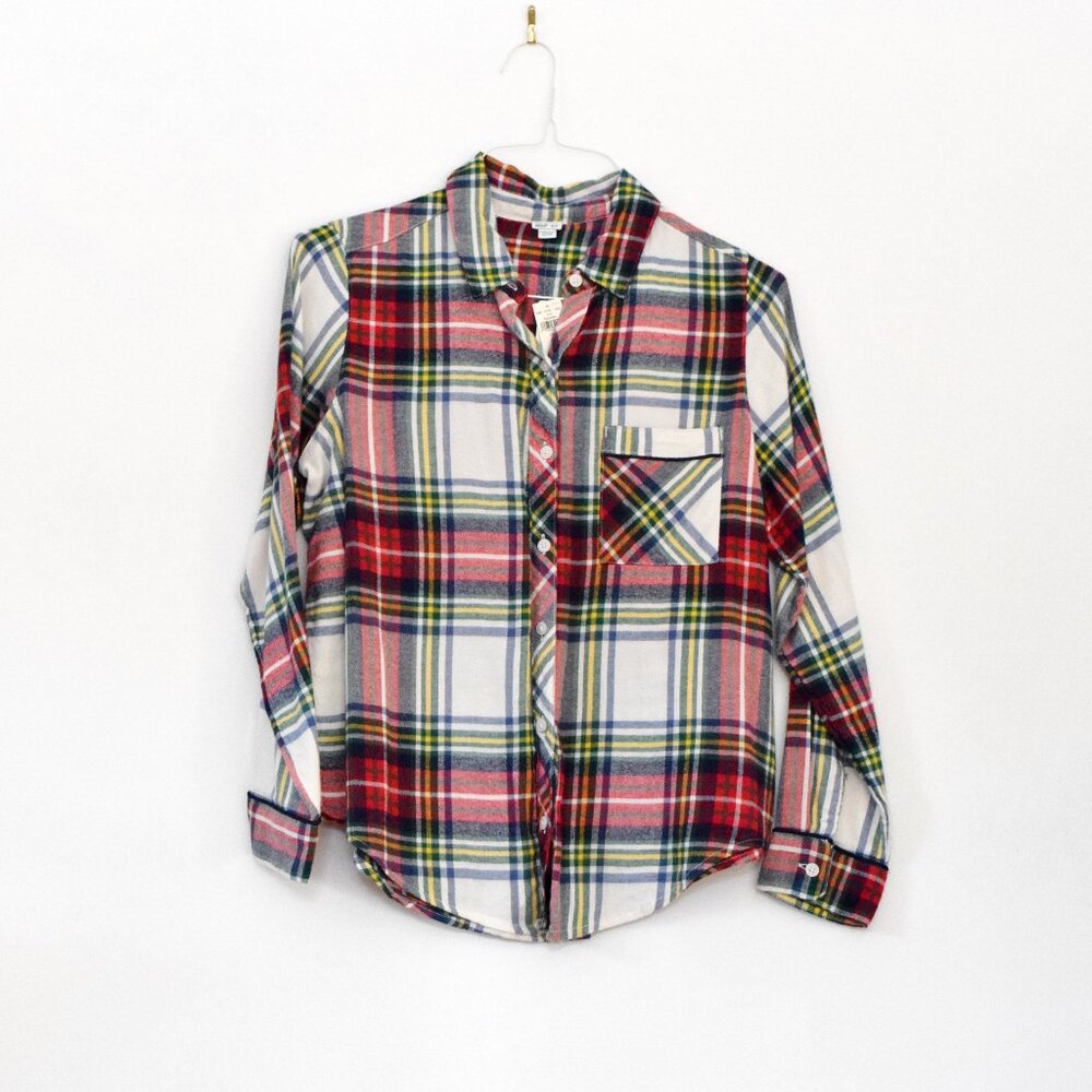 AERIE Classic White Red Green Plaid Button Down Flannel Shirt | Size XS